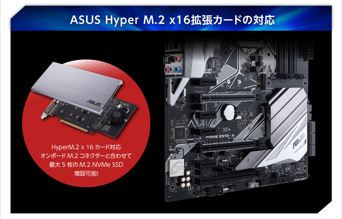 ASUS Hyper M.2 x16拡張カードの対応 HyperM.2 x 16カード対応オンボードM.2コネクターと合わせて最大5枚のM.2 NVMe SSD
増設可能！