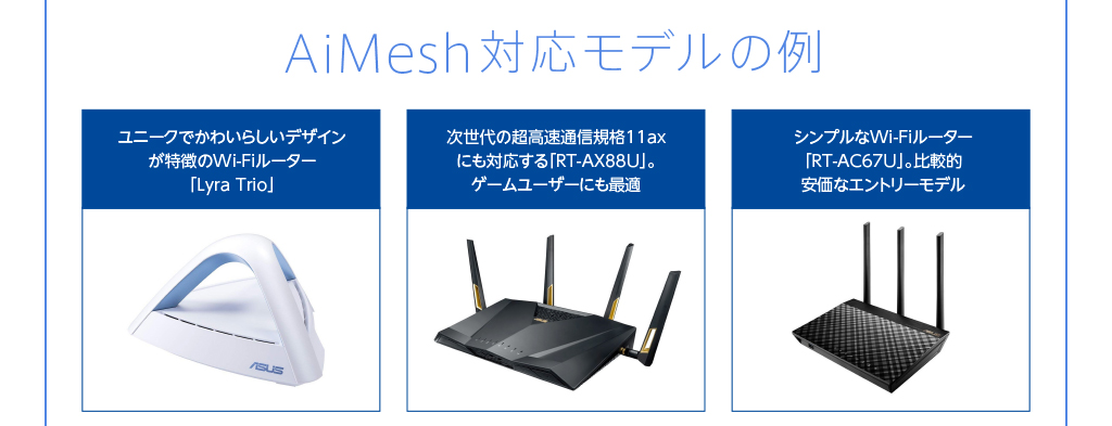 AiMesh対応モデルの例  ユニークでかわいらしいデザインが特徴のWi-Fiルーター「Lyra Trio」   次世代の超高速通信規格11axにも対応する「RT-AX88U」。ゲームユーザーにも最適  シンプルなWi-Fiルーター「RT-AC67U」。比較的
安価なエントリーモデル