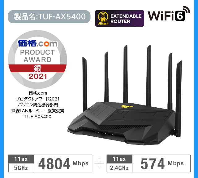 ASUS WiFi 無線 ルーター WiFi6 4804 574Mbps デュアルバンドゲーミング RT-AX82U (A) メッシュ機能付