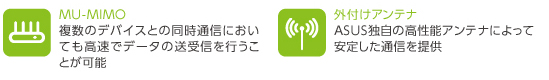 MU-MIMO
複数のデバイスとの同時通信においても高速でデータの送受信を行うことが可能
外付けアンテナ
ASUS独自の高性能アンテナによって安定した通信を提供
